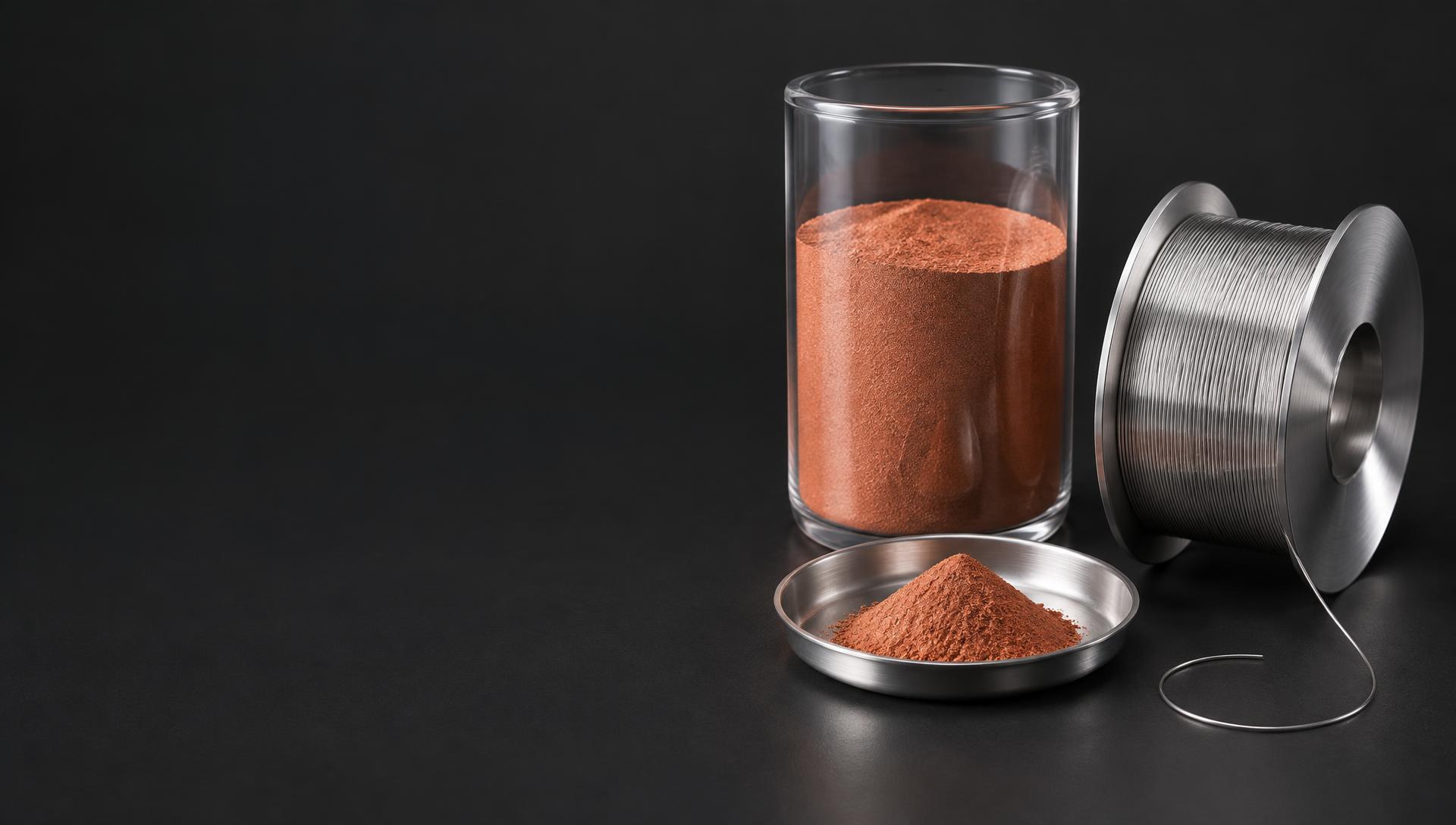 Conceptual 3D visualization of ultrafine copper powder in a laboratory vessel and a precision spool of nickel wire